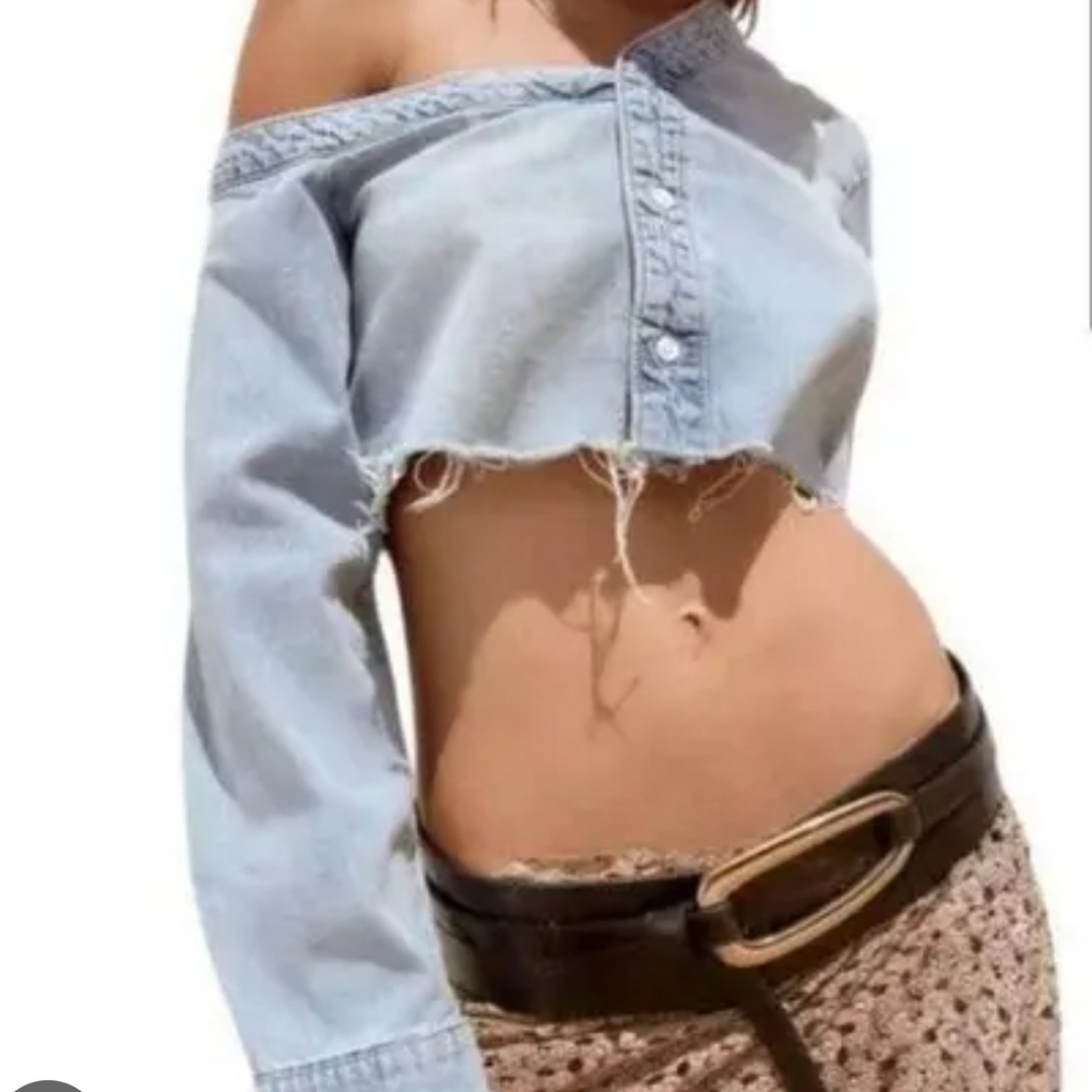 Zara Asymmetrical Denim Off Shoulder Long Sleeve Crop Top